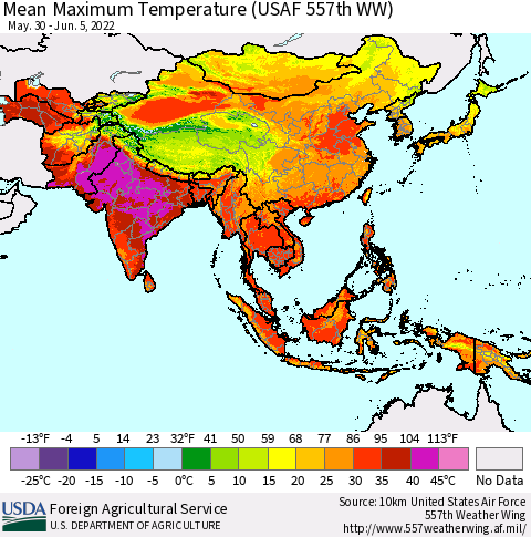 Asia Mean Maximum Temperature (USAF 557th WW) Thematic Map For 5/30/2022 - 6/5/2022