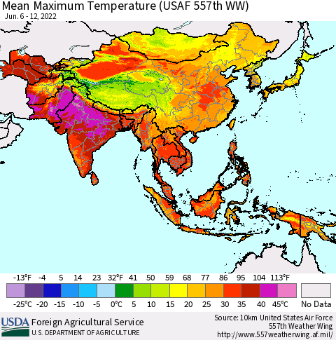 Asia Mean Maximum Temperature (USAF 557th WW) Thematic Map For 6/6/2022 - 6/12/2022