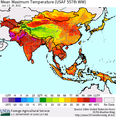 Asia Mean Maximum Temperature (USAF 557th WW) Thematic Map For 6/13/2022 - 6/19/2022