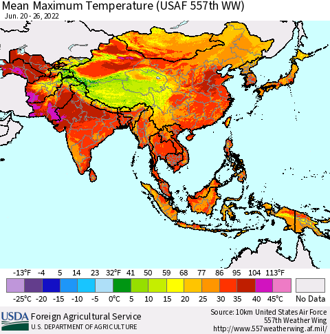 Asia Mean Maximum Temperature (USAF 557th WW) Thematic Map For 6/20/2022 - 6/26/2022