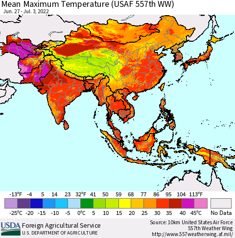 Asia Mean Maximum Temperature (USAF 557th WW) Thematic Map For 6/27/2022 - 7/3/2022