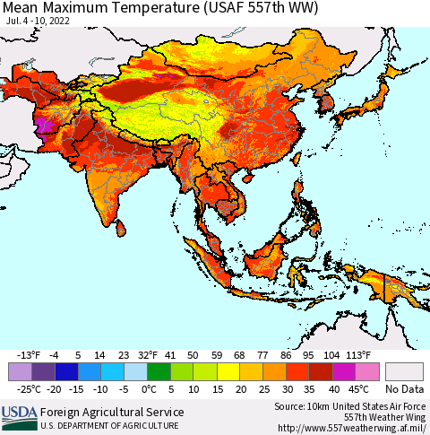 Asia Mean Maximum Temperature (USAF 557th WW) Thematic Map For 7/4/2022 - 7/10/2022