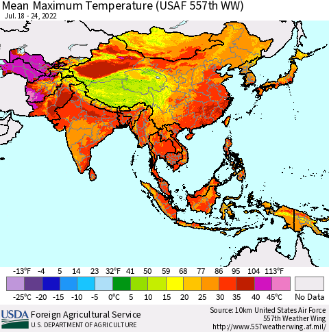 Asia Mean Maximum Temperature (USAF 557th WW) Thematic Map For 7/18/2022 - 7/24/2022