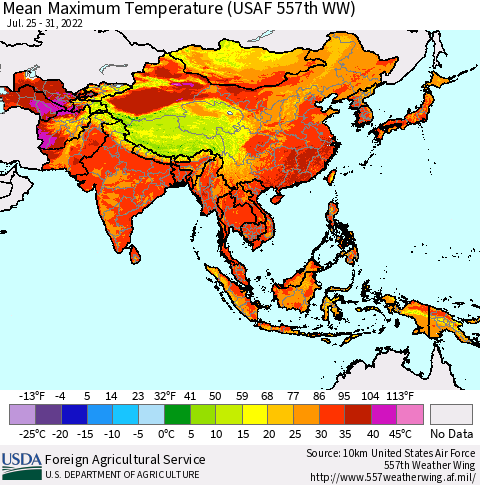 Asia Mean Maximum Temperature (USAF 557th WW) Thematic Map For 7/25/2022 - 7/31/2022