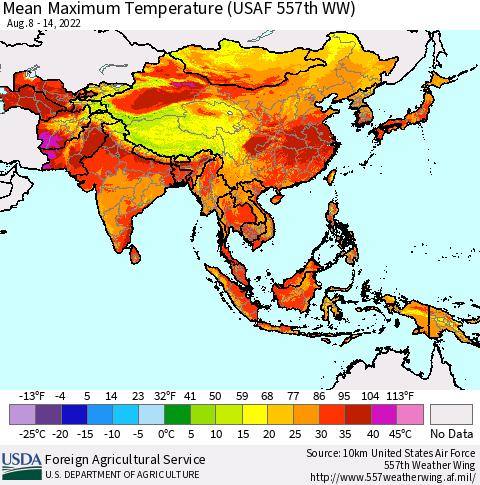 Asia Mean Maximum Temperature (USAF 557th WW) Thematic Map For 8/8/2022 - 8/14/2022