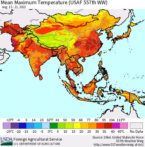 Asia Mean Maximum Temperature (USAF 557th WW) Thematic Map For 8/15/2022 - 8/21/2022
