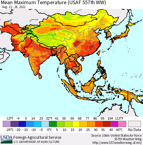 Asia Mean Maximum Temperature (USAF 557th WW) Thematic Map For 8/22/2022 - 8/28/2022