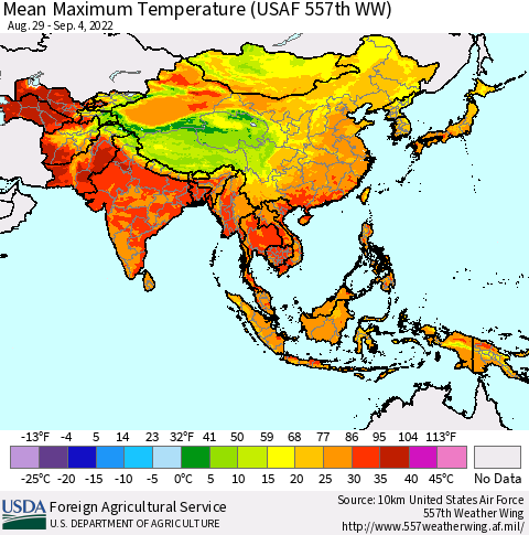 Asia Mean Maximum Temperature (USAF 557th WW) Thematic Map For 8/29/2022 - 9/4/2022