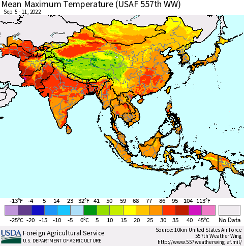Asia Mean Maximum Temperature (USAF 557th WW) Thematic Map For 9/5/2022 - 9/11/2022