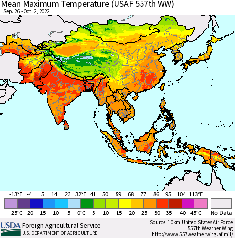 Asia Mean Maximum Temperature (USAF 557th WW) Thematic Map For 9/26/2022 - 10/2/2022