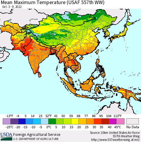 Asia Mean Maximum Temperature (USAF 557th WW) Thematic Map For 10/3/2022 - 10/9/2022