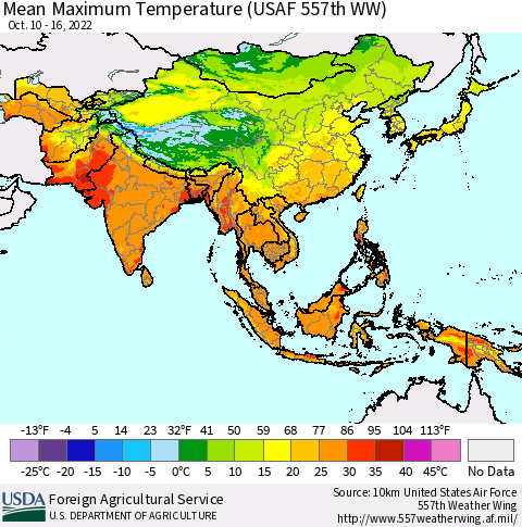 Asia Mean Maximum Temperature (USAF 557th WW) Thematic Map For 10/10/2022 - 10/16/2022