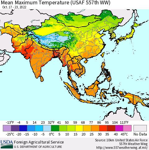 Asia Mean Maximum Temperature (USAF 557th WW) Thematic Map For 10/17/2022 - 10/23/2022