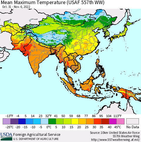 Asia Mean Maximum Temperature (USAF 557th WW) Thematic Map For 10/31/2022 - 11/6/2022