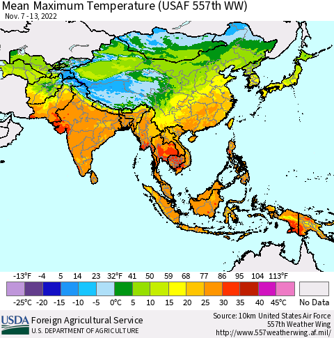 Asia Mean Maximum Temperature (USAF 557th WW) Thematic Map For 11/7/2022 - 11/13/2022