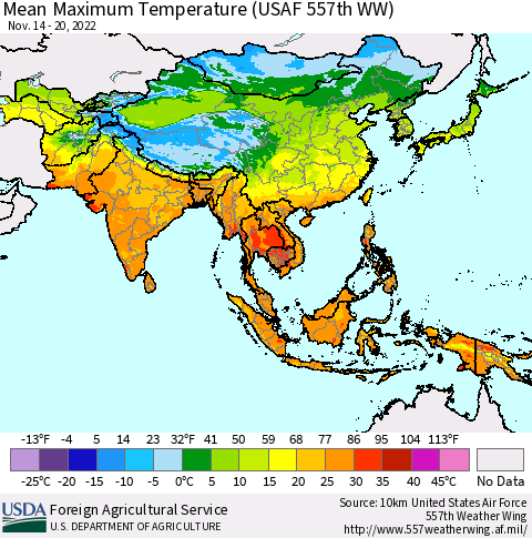 Asia Mean Maximum Temperature (USAF 557th WW) Thematic Map For 11/14/2022 - 11/20/2022