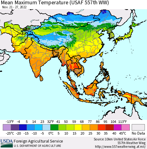Asia Mean Maximum Temperature (USAF 557th WW) Thematic Map For 11/21/2022 - 11/27/2022