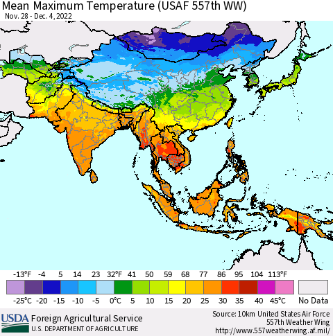 Asia Mean Maximum Temperature (USAF 557th WW) Thematic Map For 11/28/2022 - 12/4/2022
