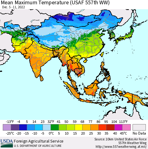 Asia Mean Maximum Temperature (USAF 557th WW) Thematic Map For 12/5/2022 - 12/11/2022