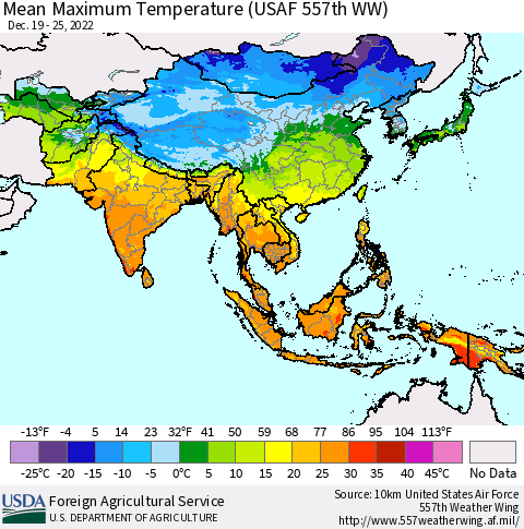 Asia Mean Maximum Temperature (USAF 557th WW) Thematic Map For 12/19/2022 - 12/25/2022