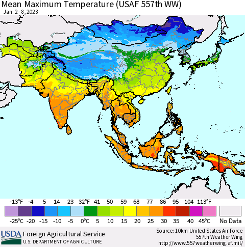 Asia Mean Maximum Temperature (USAF 557th WW) Thematic Map For 1/2/2023 - 1/8/2023