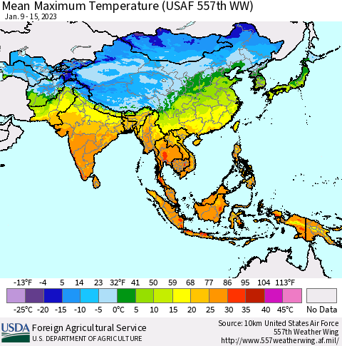 Asia Mean Maximum Temperature (USAF 557th WW) Thematic Map For 1/9/2023 - 1/15/2023