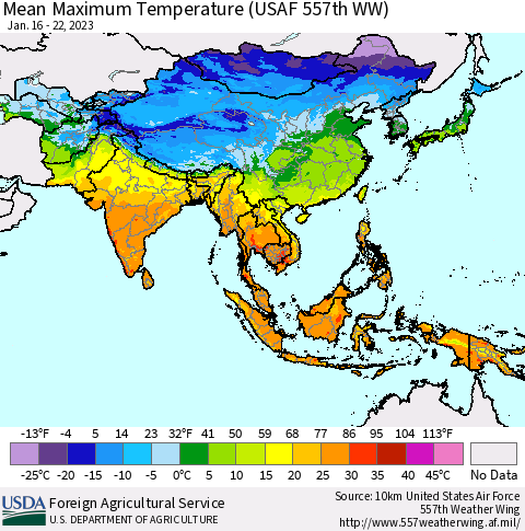 Asia Mean Maximum Temperature (USAF 557th WW) Thematic Map For 1/16/2023 - 1/22/2023