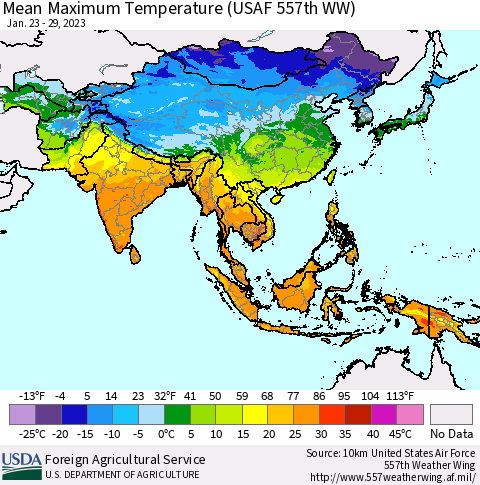 Asia Mean Maximum Temperature (USAF 557th WW) Thematic Map For 1/23/2023 - 1/29/2023
