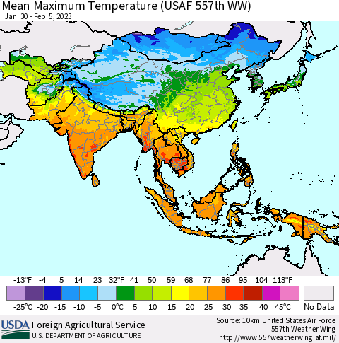 Asia Mean Maximum Temperature (USAF 557th WW) Thematic Map For 1/30/2023 - 2/5/2023
