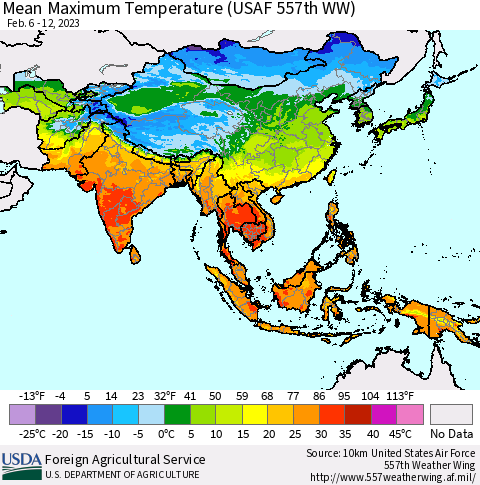 Asia Mean Maximum Temperature (USAF 557th WW) Thematic Map For 2/6/2023 - 2/12/2023