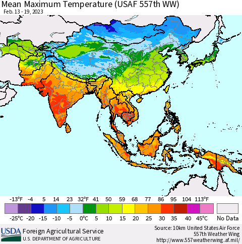 Asia Mean Maximum Temperature (USAF 557th WW) Thematic Map For 2/13/2023 - 2/19/2023