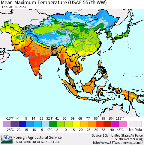 Asia Mean Maximum Temperature (USAF 557th WW) Thematic Map For 2/20/2023 - 2/26/2023
