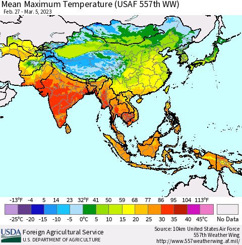 Asia Mean Maximum Temperature (USAF 557th WW) Thematic Map For 2/27/2023 - 3/5/2023