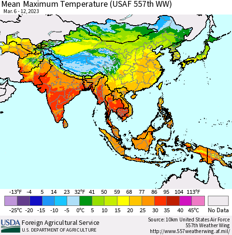 Asia Mean Maximum Temperature (USAF 557th WW) Thematic Map For 3/6/2023 - 3/12/2023