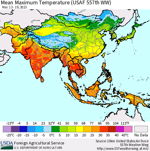 Asia Mean Maximum Temperature (USAF 557th WW) Thematic Map For 3/13/2023 - 3/19/2023