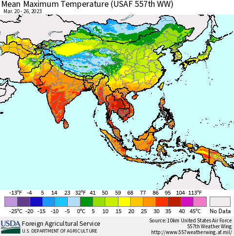 Asia Mean Maximum Temperature (USAF 557th WW) Thematic Map For 3/20/2023 - 3/26/2023