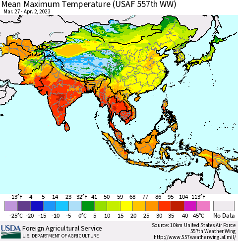 Asia Mean Maximum Temperature (USAF 557th WW) Thematic Map For 3/27/2023 - 4/2/2023