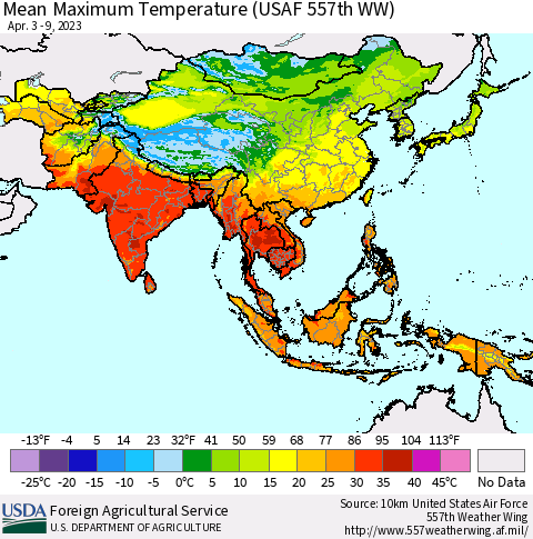 Asia Mean Maximum Temperature (USAF 557th WW) Thematic Map For 4/3/2023 - 4/9/2023