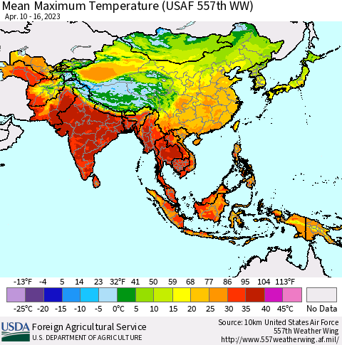 Asia Mean Maximum Temperature (USAF 557th WW) Thematic Map For 4/10/2023 - 4/16/2023