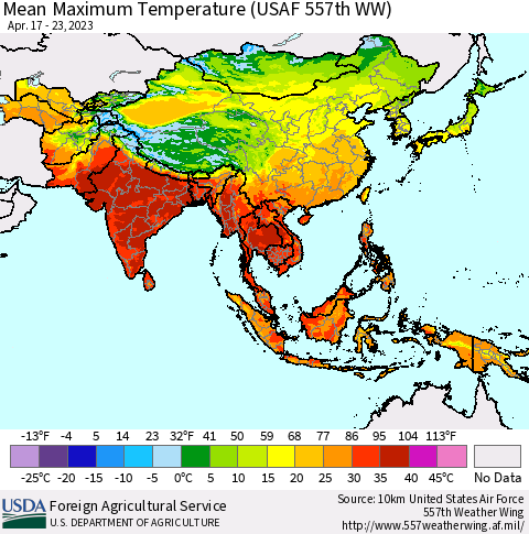 Asia Mean Maximum Temperature (USAF 557th WW) Thematic Map For 4/17/2023 - 4/23/2023