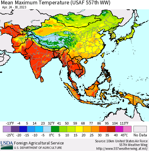 Asia Mean Maximum Temperature (USAF 557th WW) Thematic Map For 4/24/2023 - 4/30/2023