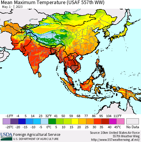 Asia Mean Maximum Temperature (USAF 557th WW) Thematic Map For 5/1/2023 - 5/7/2023