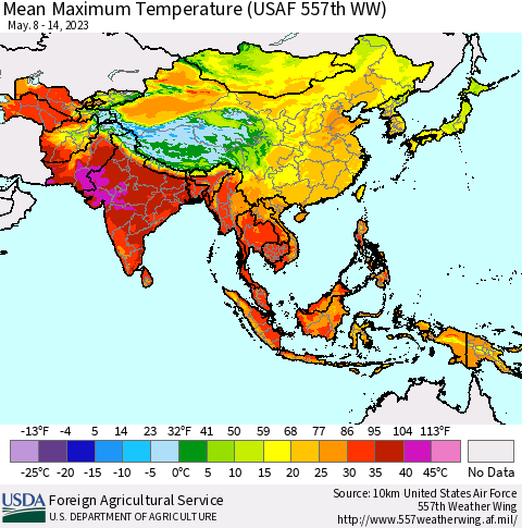 Asia Mean Maximum Temperature (USAF 557th WW) Thematic Map For 5/8/2023 - 5/14/2023