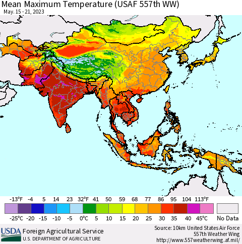 Asia Mean Maximum Temperature (USAF 557th WW) Thematic Map For 5/15/2023 - 5/21/2023