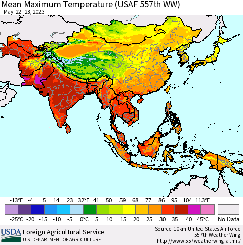 Asia Mean Maximum Temperature (USAF 557th WW) Thematic Map For 5/22/2023 - 5/28/2023