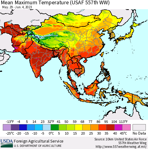 Asia Mean Maximum Temperature (USAF 557th WW) Thematic Map For 5/29/2023 - 6/4/2023
