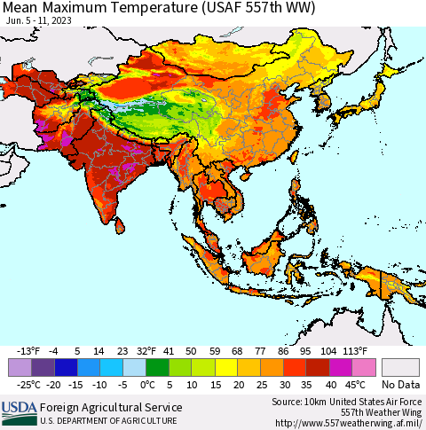 Asia Mean Maximum Temperature (USAF 557th WW) Thematic Map For 6/5/2023 - 6/11/2023