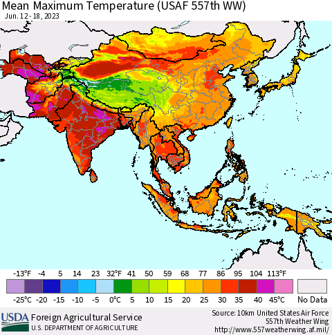 Asia Mean Maximum Temperature (USAF 557th WW) Thematic Map For 6/12/2023 - 6/18/2023