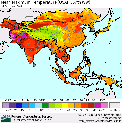 Asia Mean Maximum Temperature (USAF 557th WW) Thematic Map For 6/19/2023 - 6/25/2023