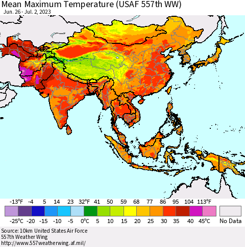 Asia Mean Maximum Temperature (USAF 557th WW) Thematic Map For 6/26/2023 - 7/2/2023
